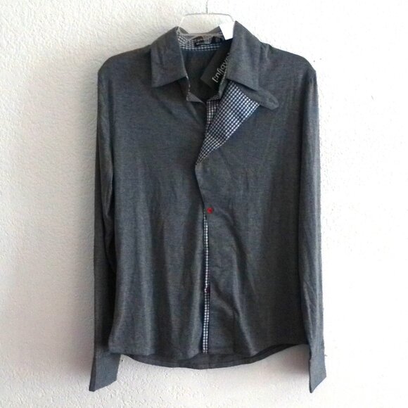 W[d^blju:], men's gray button-up long sleeve shirt with blue/white plaid design - Picture 1 of 7